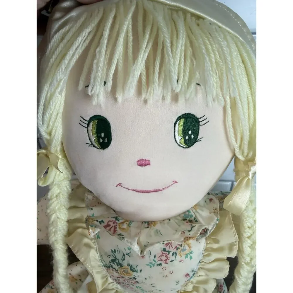Vintage 28” Rag Doll Blonde Braided Yarn Hair Floral Dress Bonnet Plush Toy